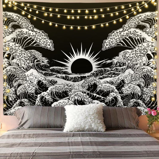 Black & White Mandala Sun and Moon Tapestry – Boho Wall Hanging Decor