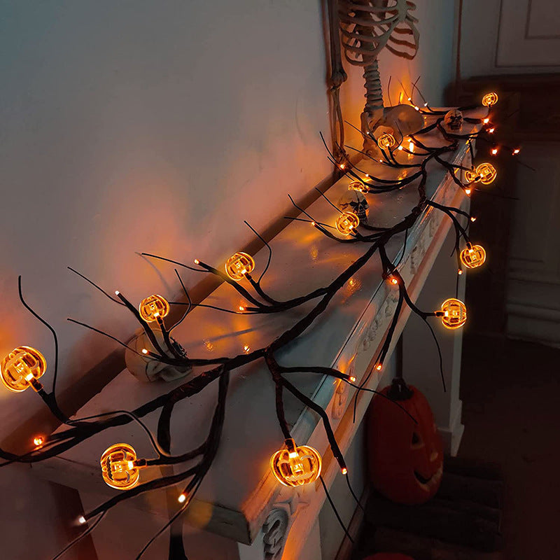 Halloween LED Willow Vine String Lights – Bat & Pumpkin Decor for Indoor & Outdoor Parties