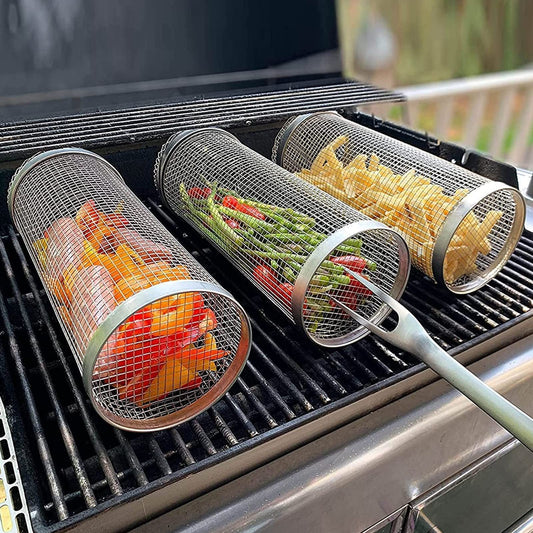 Rolling Grilling Basket – Portable Metal BBQ Basket for Outdoor Cooking & Camping