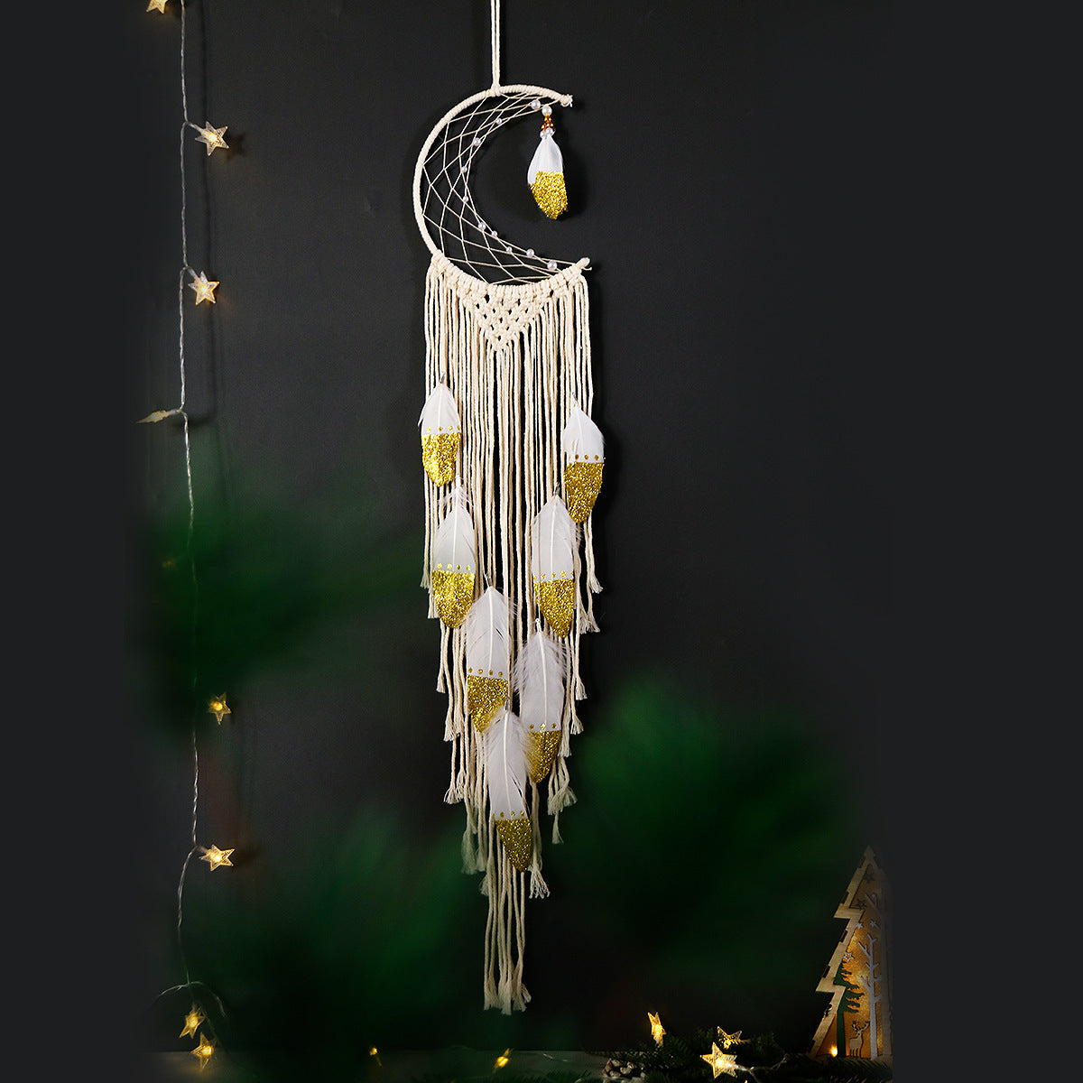 Crescent Dream Catcher Gold Home Decor Elegant Boho Wall Hanging