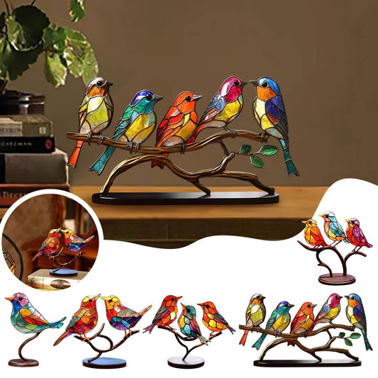 Stained Glass Birds on Branch – Elegant Desktop Ornament for Bird Lovers