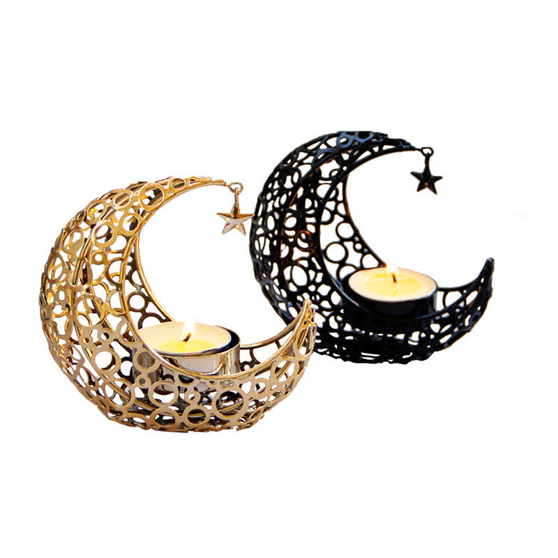 Light Luxury Crescent Moon Star Candle Holder – Elegant Black & Gold Metal Decor