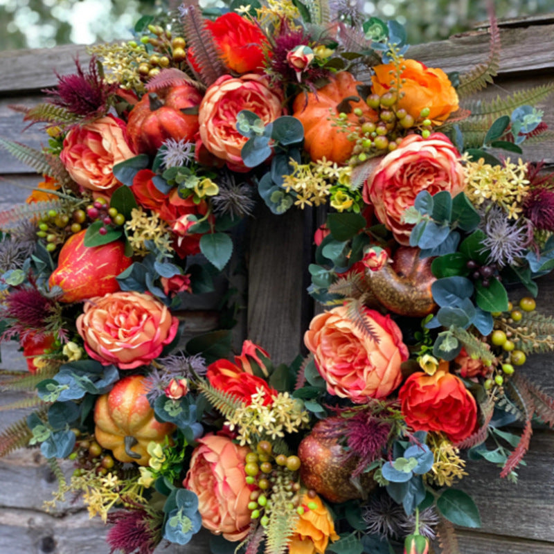 Autumn Peony & Pumpkin Wreath – Festive Halloween Home Decor