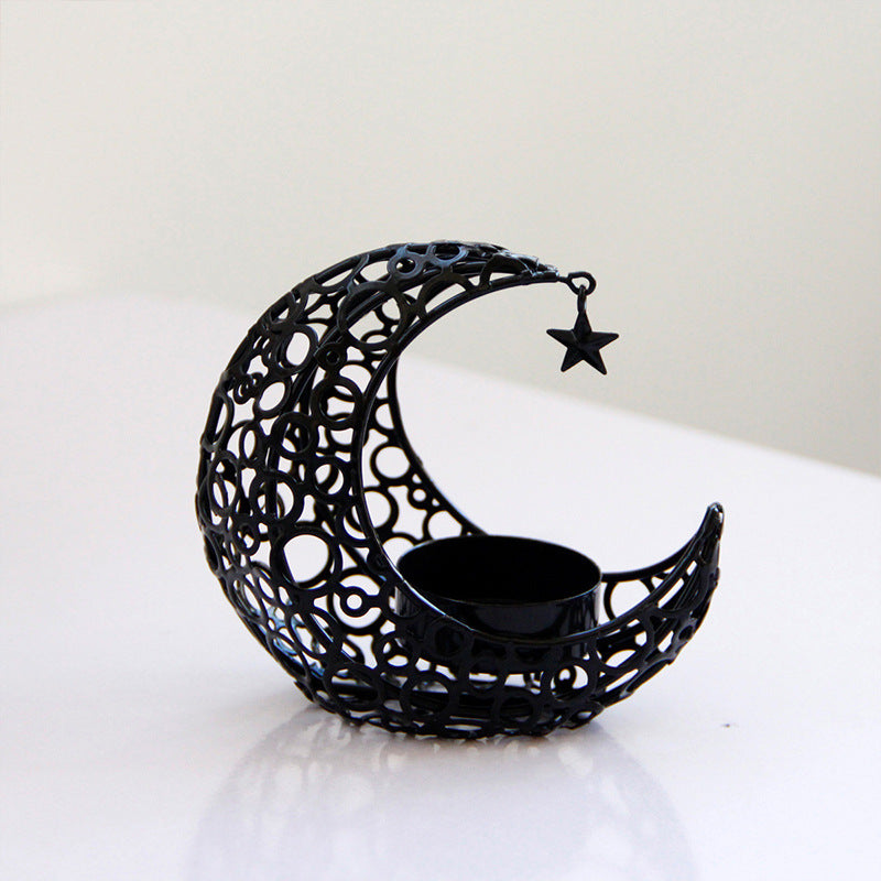 Light Luxury Crescent Moon Star Candle Holder – Elegant Black & Gold Metal Decor