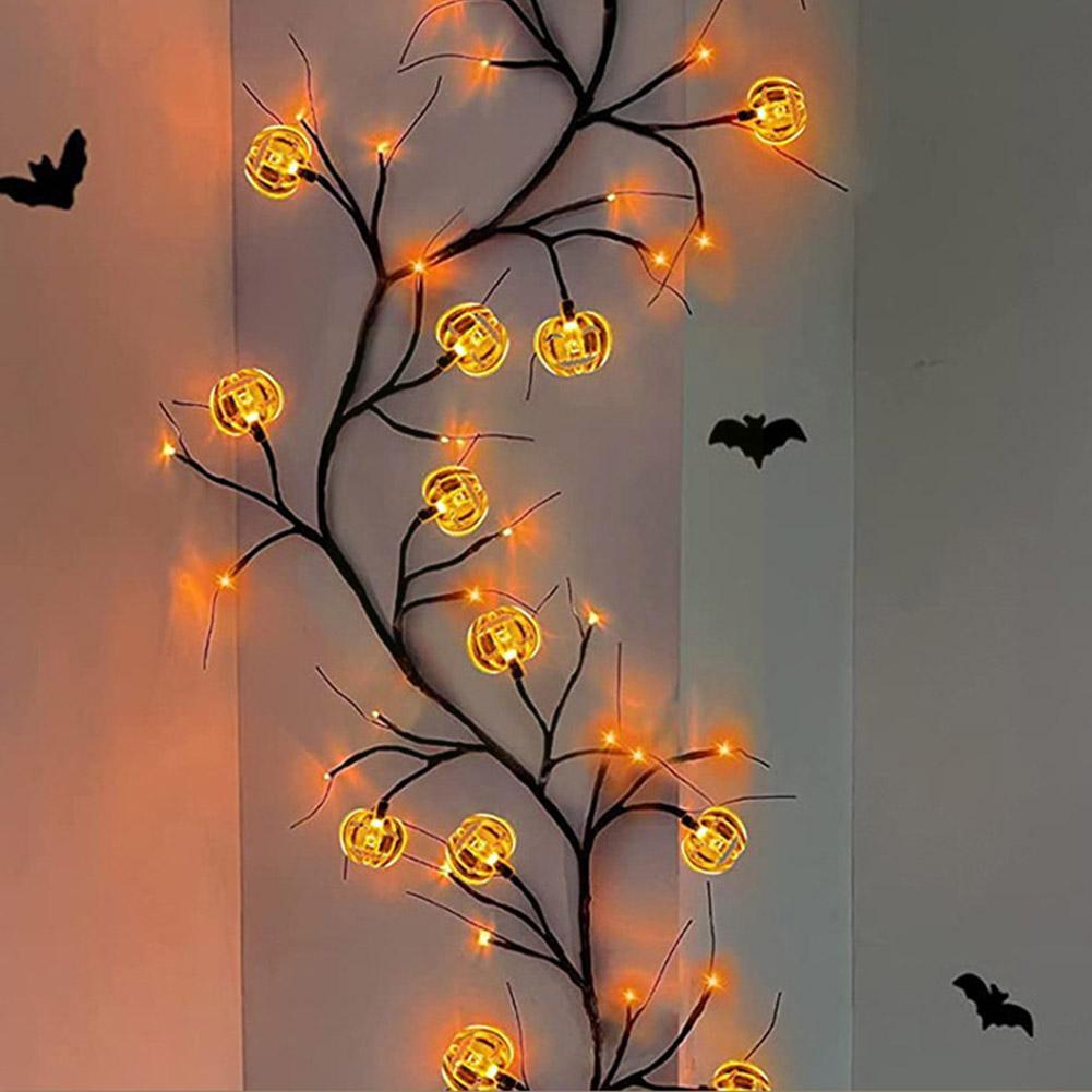 Halloween LED Willow Vine String Lights – Bat & Pumpkin Decor for Indoor & Outdoor Parties