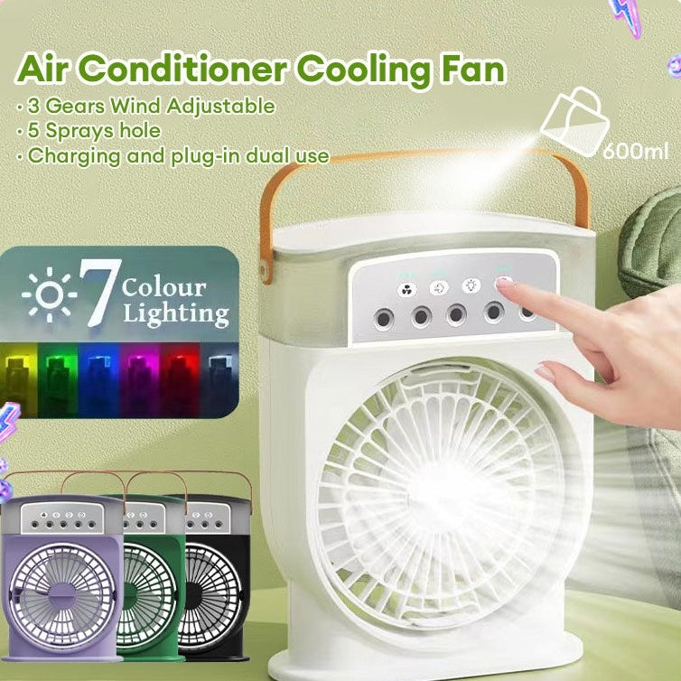 Portable USB Air Conditioner Fan – 5 Sprays, 7-Color Light & 600ML Water Tank