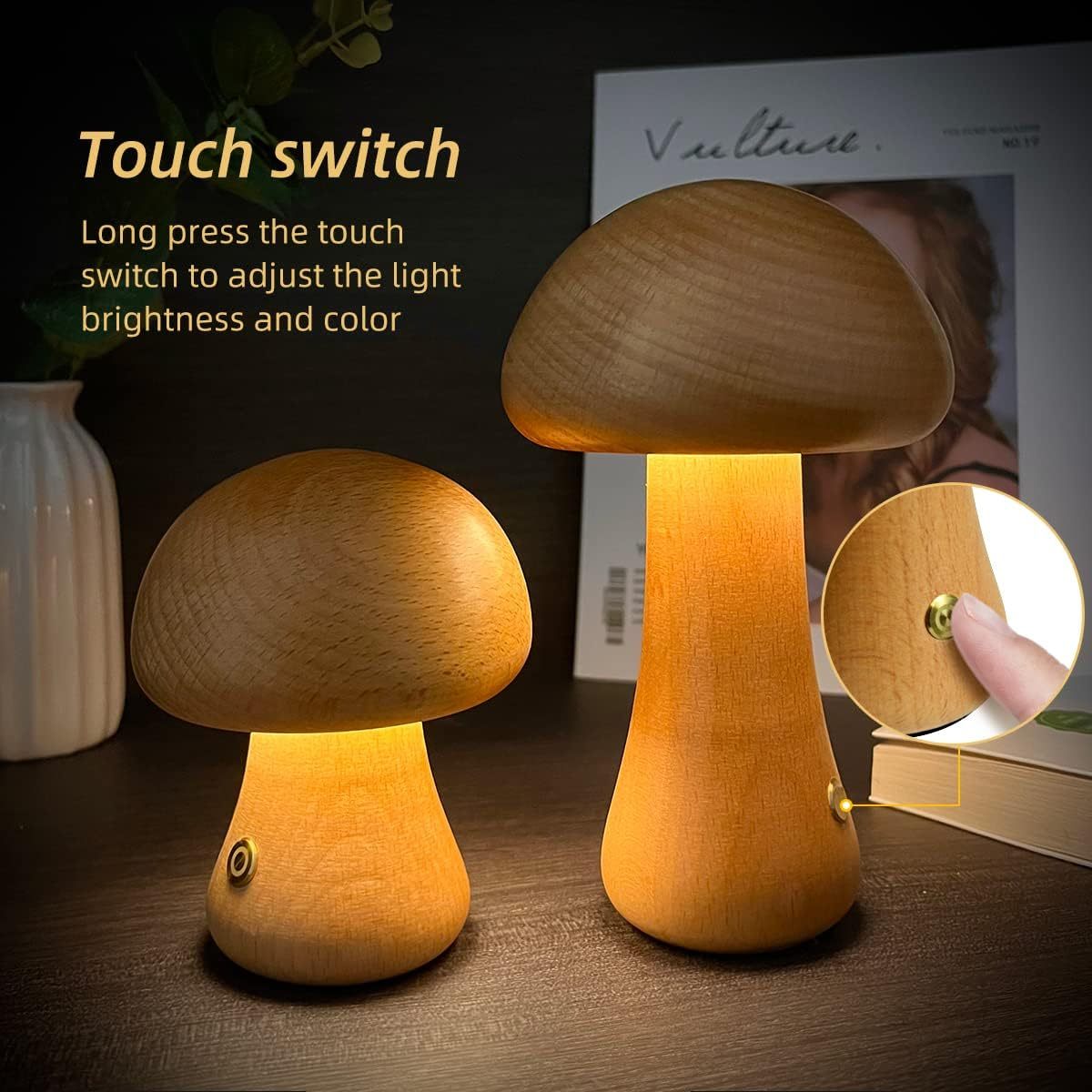 Wooden Mushroom LED Night Light – Touch Control Bedside Lamp for Kids & Home Decor