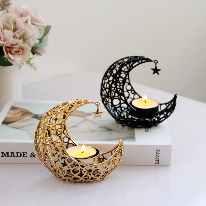 Light Luxury Crescent Moon Star Candle Holder – Elegant Black & Gold Metal Decor