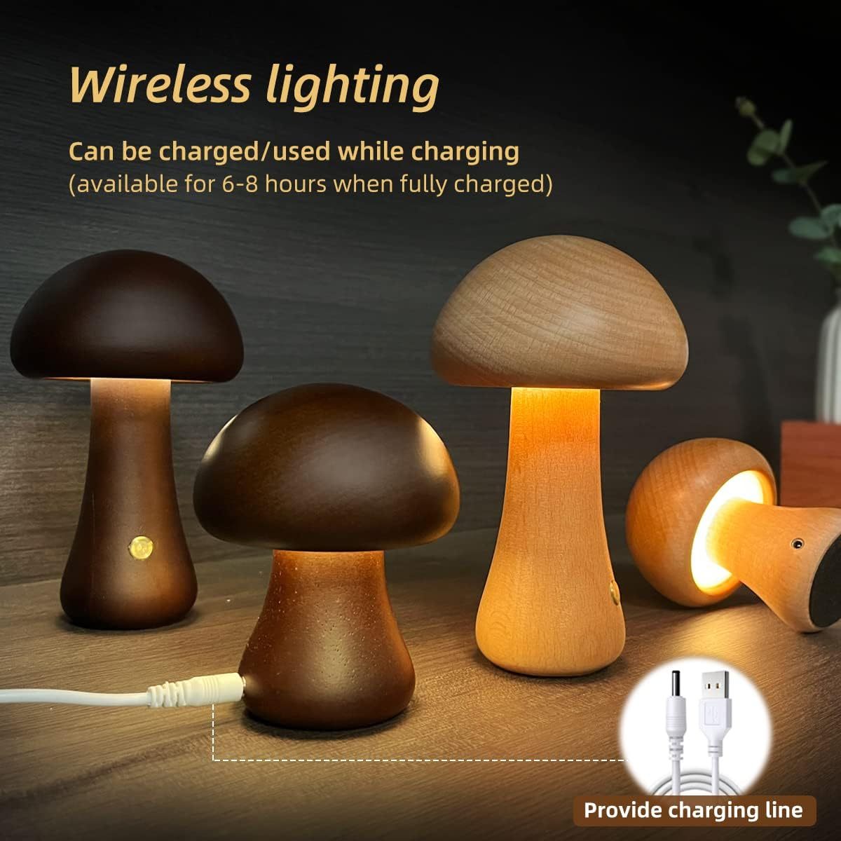 Wooden Mushroom LED Night Light – Touch Control Bedside Lamp for Kids & Home Decor