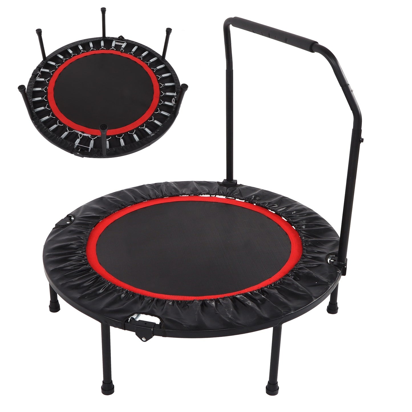 48in Folding Adult Trampoline – Fitness Rebounder with Double Adjustable Foam Armrests