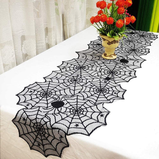 Halloween Black Lace Tablecloth – Spiderweb Table Runner & Fireplace Scarf