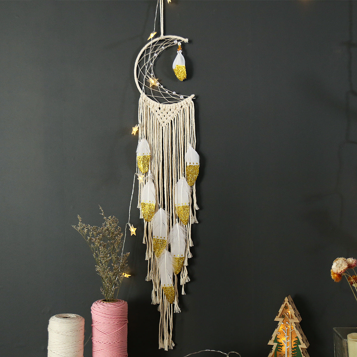 Crescent Dream Catcher Gold Home Decor Elegant Boho Wall Hanging