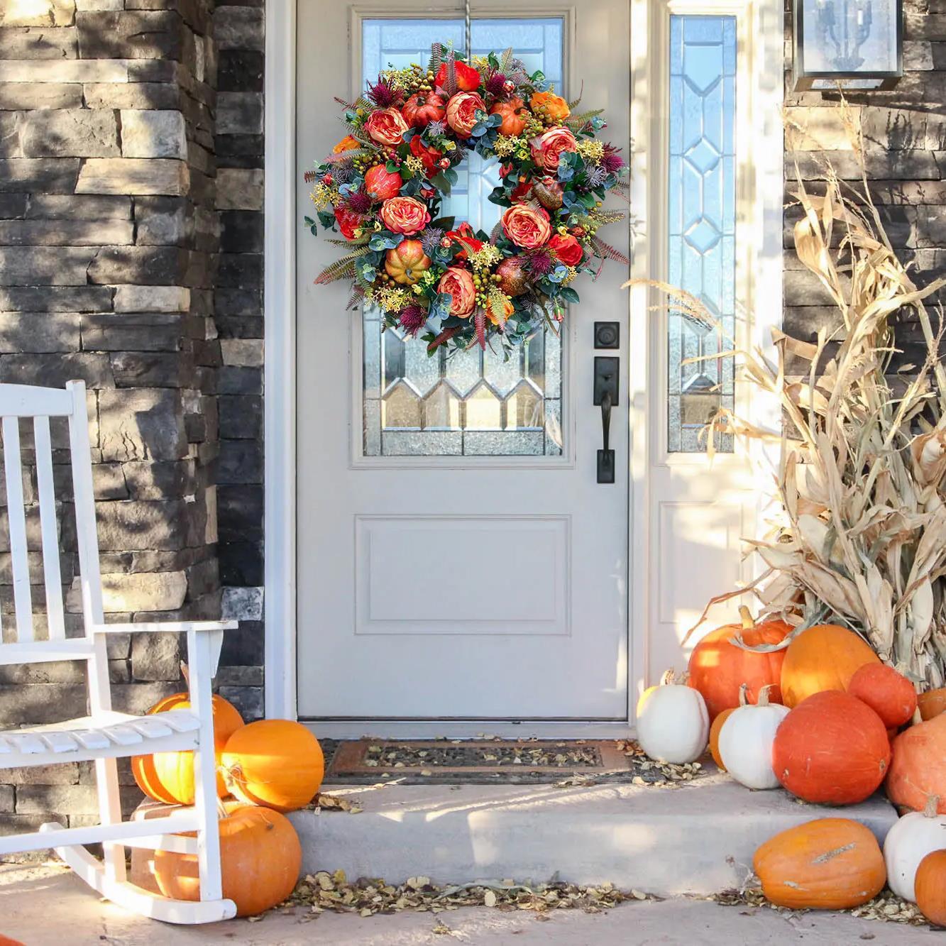 Autumn Peony & Pumpkin Wreath – Festive Halloween Home Decor