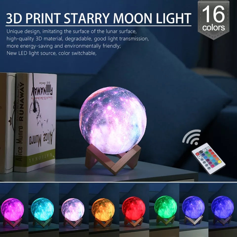 3D LED Galaxy Moon Lamp – USB Rechargeable Night Light with Remote Control