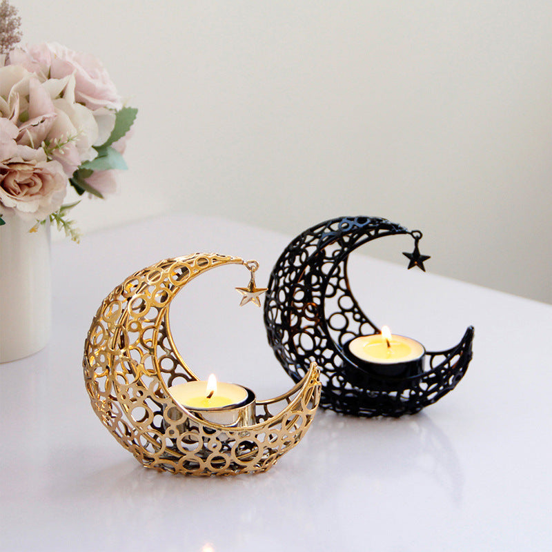 Light Luxury Crescent Moon Star Candle Holder – Elegant Black & Gold Metal Decor