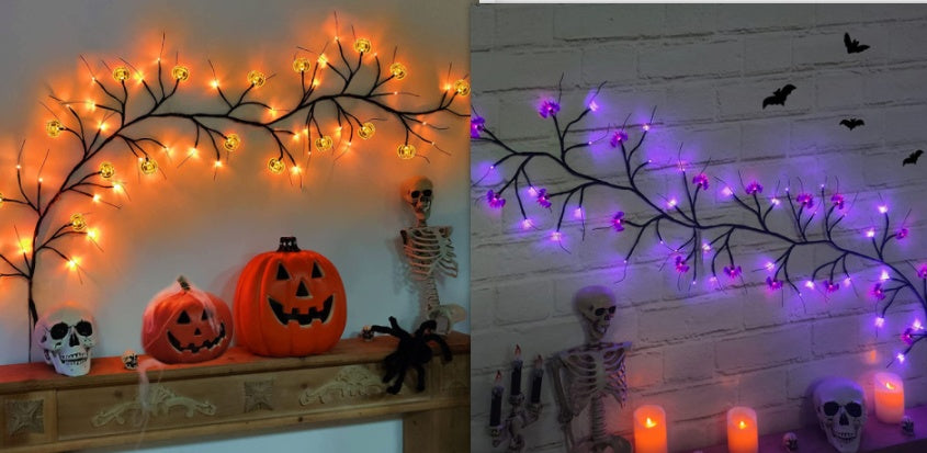 Halloween LED Willow Vine String Lights – Bat & Pumpkin Decor for Indoor & Outdoor Parties