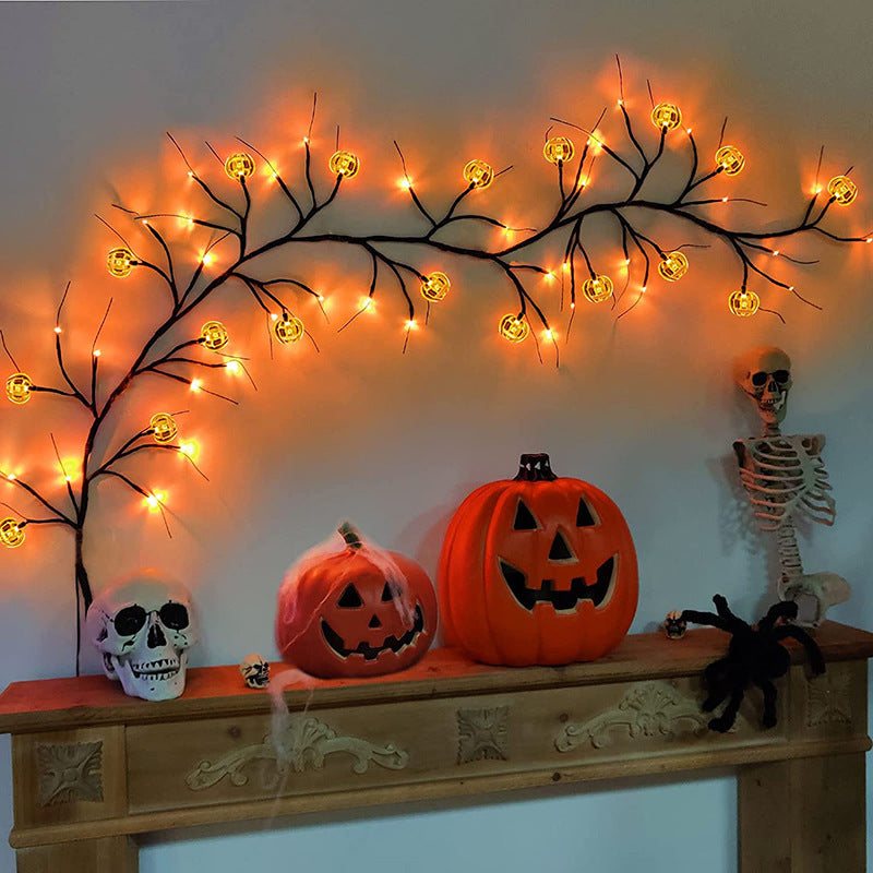 Halloween LED Willow Vine String Lights – Bat & Pumpkin Decor for Indoor & Outdoor Parties