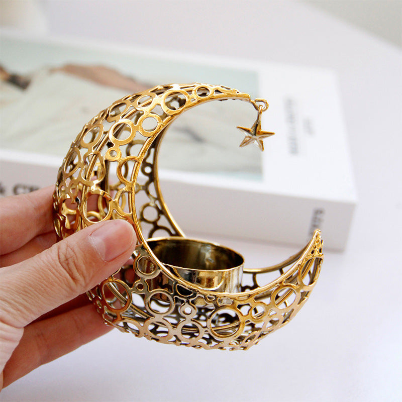 Light Luxury Crescent Moon Star Candle Holder – Elegant Black & Gold Metal Decor