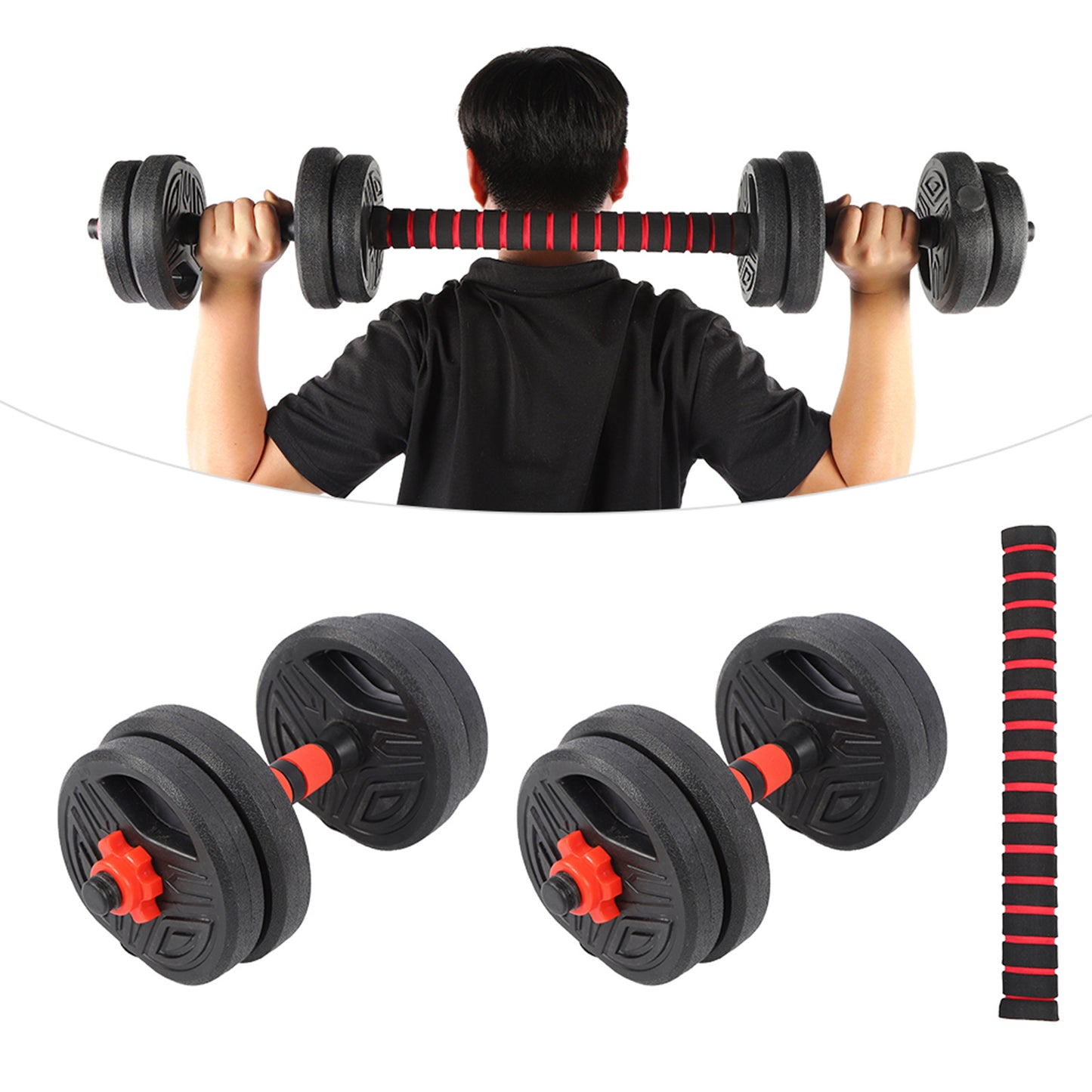 10KG Round Dumbbell Set with 40cm Connection Rod – Adjustable Home Fitness Equipment