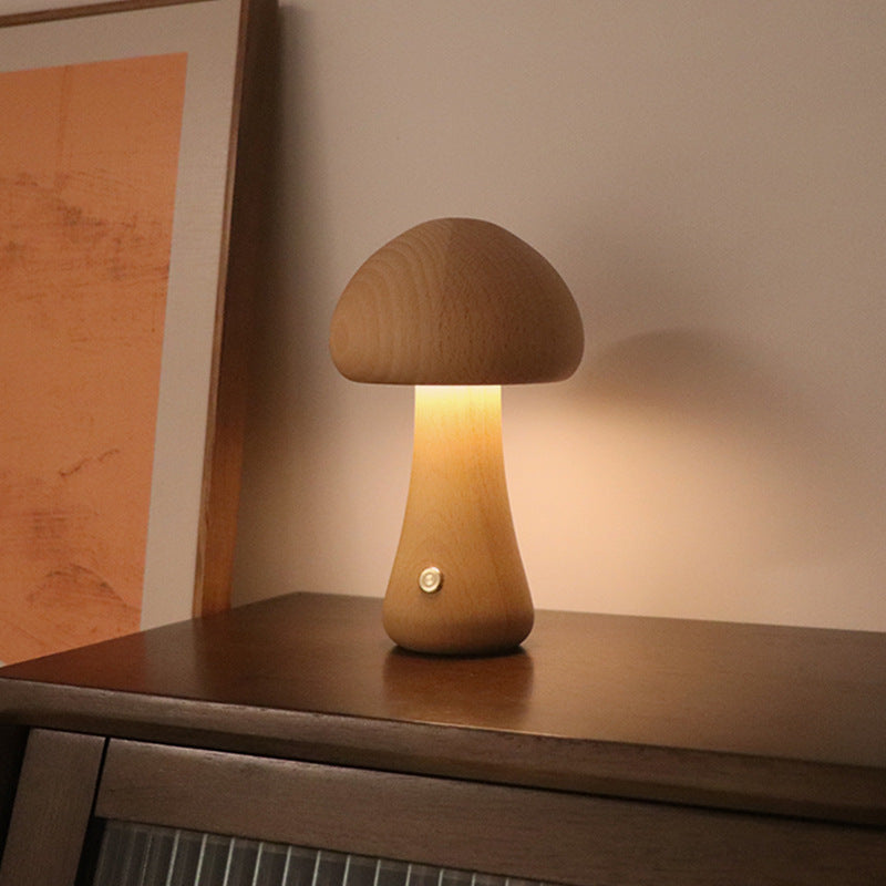 Wooden Mushroom LED Night Light – Touch Control Bedside Lamp for Kids & Home Decor